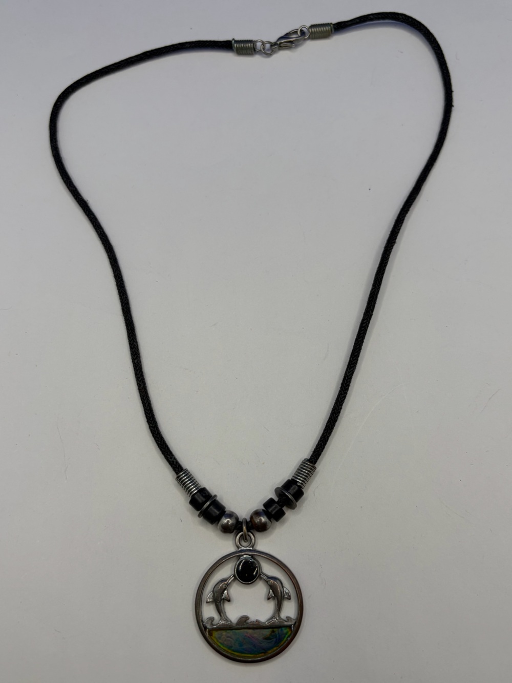 Dolphin Ocean Pendant Necklace Black Cord Abalone Shell Coastal Jewelry
